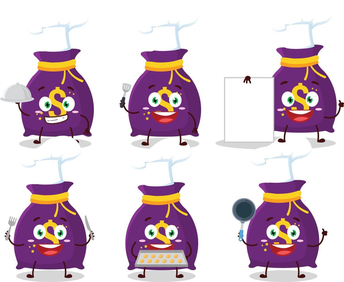 dibujos animados personaje de magia dinero saco con varios cocinero emoticones vector