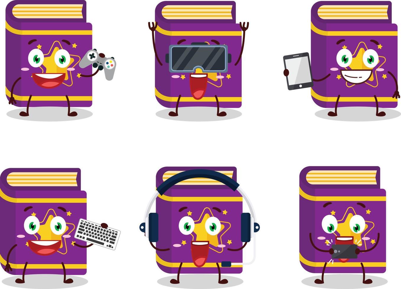 Magic book cartoon character are playing games with various cute emoticons vector