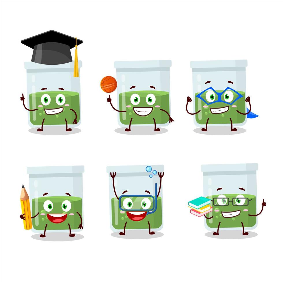 colegio estudiante de verde poción dibujos animados personaje con varios expresiones vector