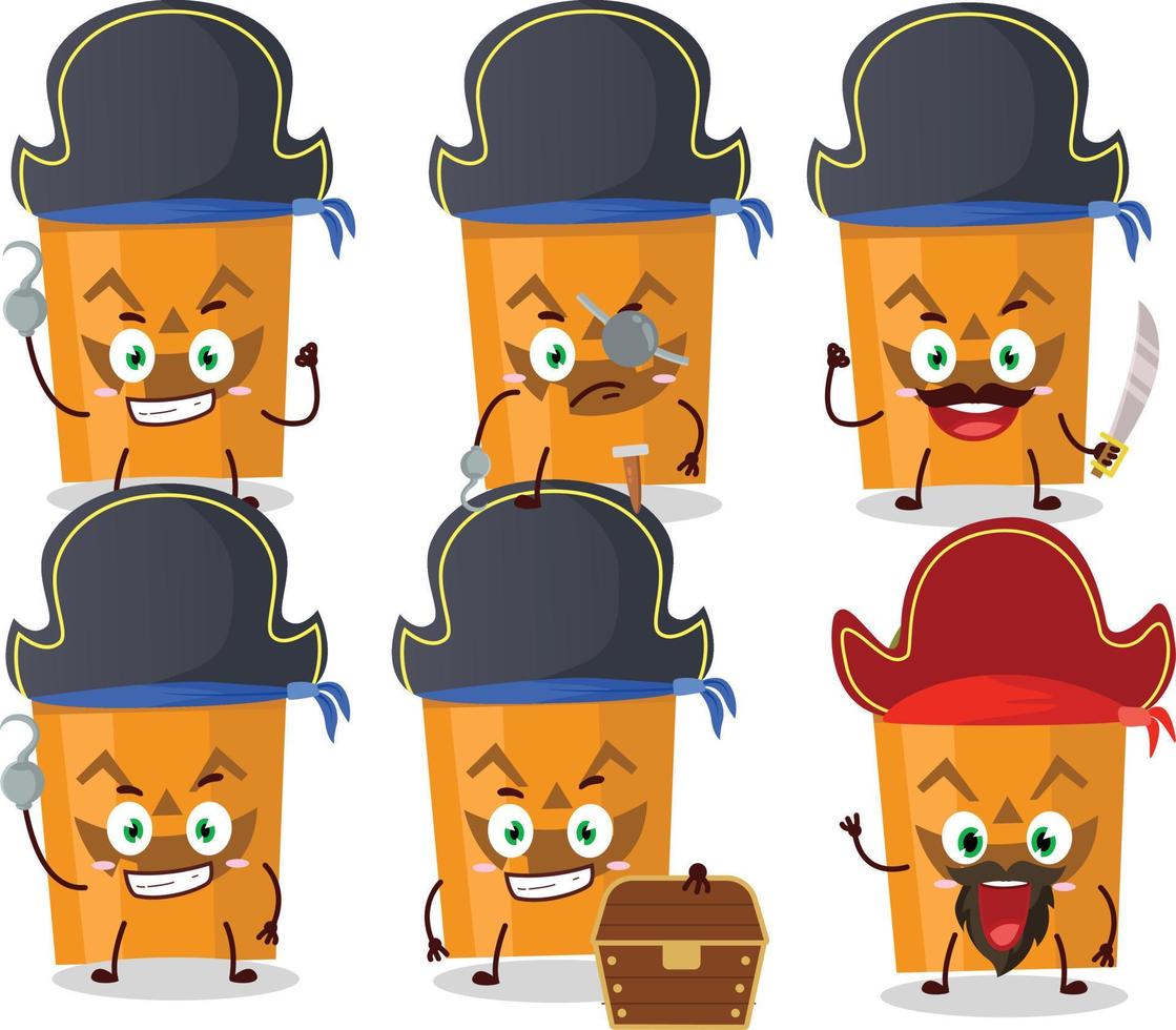Cartoon character of halloween bucket with various pirates emoticons vector