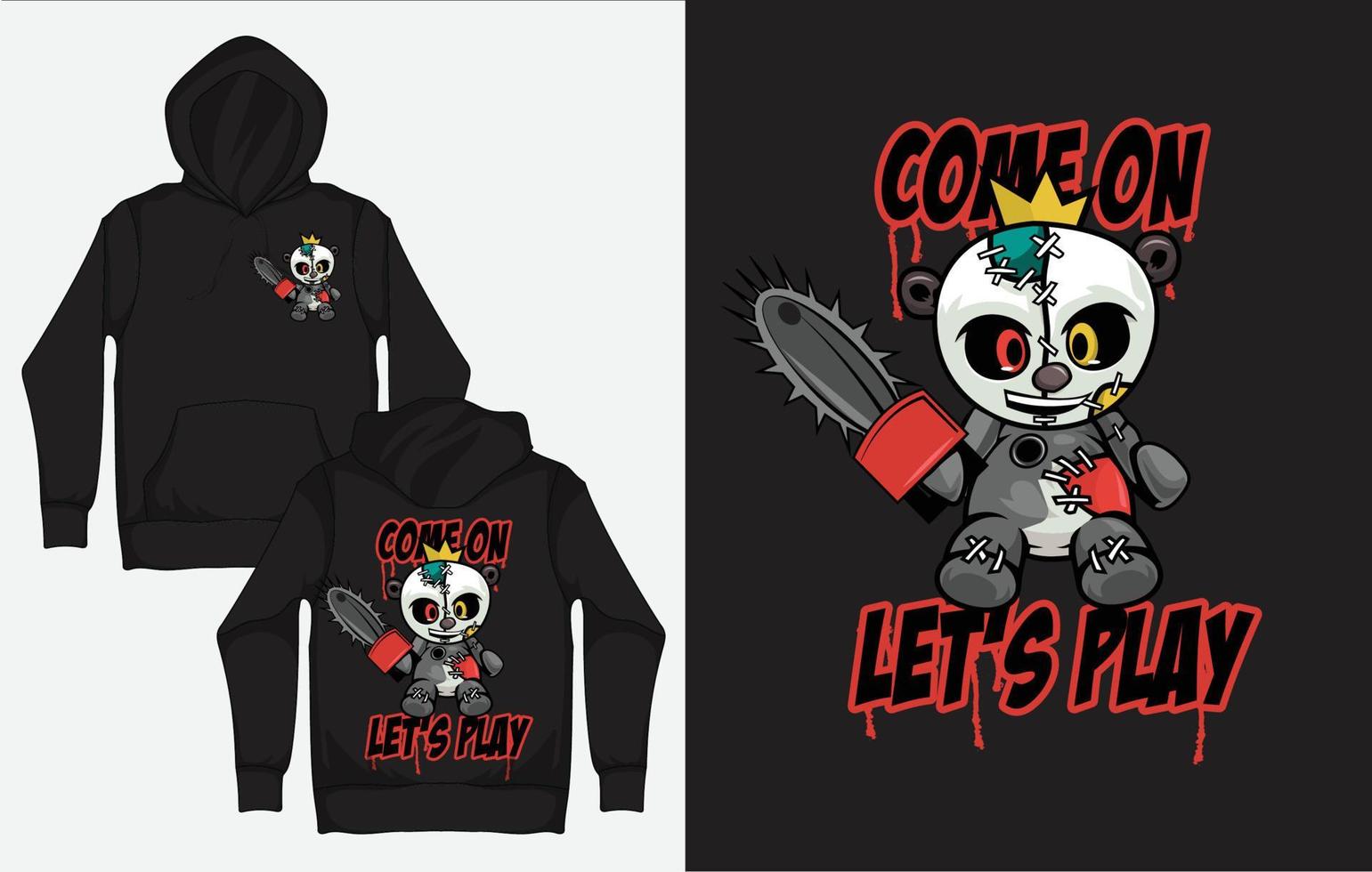 Hoodies with Character Streetwear Design, Zombie Panda with Chainsaw vector