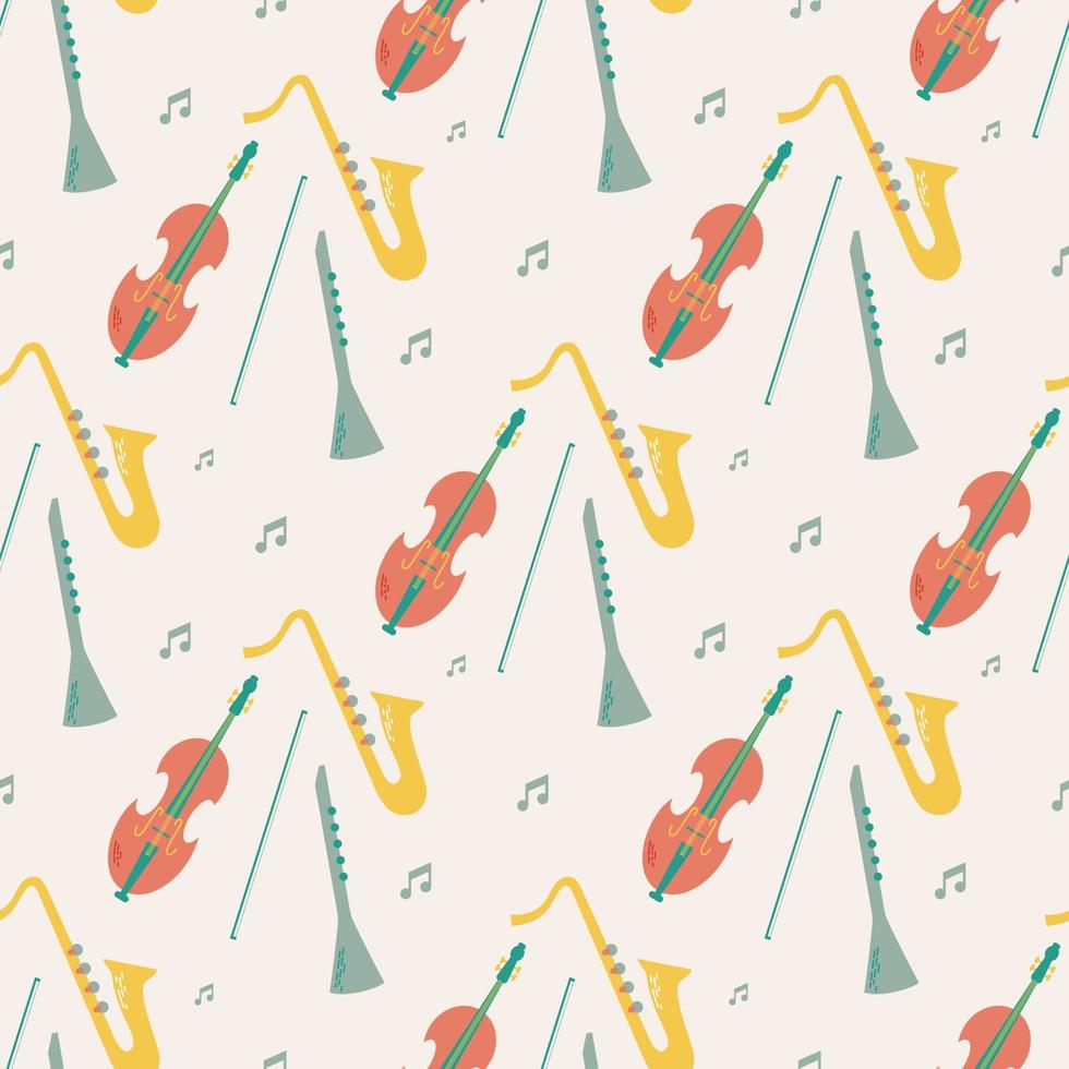 vector sin costura modelo de musical jazz instrumentos con notas aislado en beige antecedentes orquesta - violín, saxofón, clarinete.