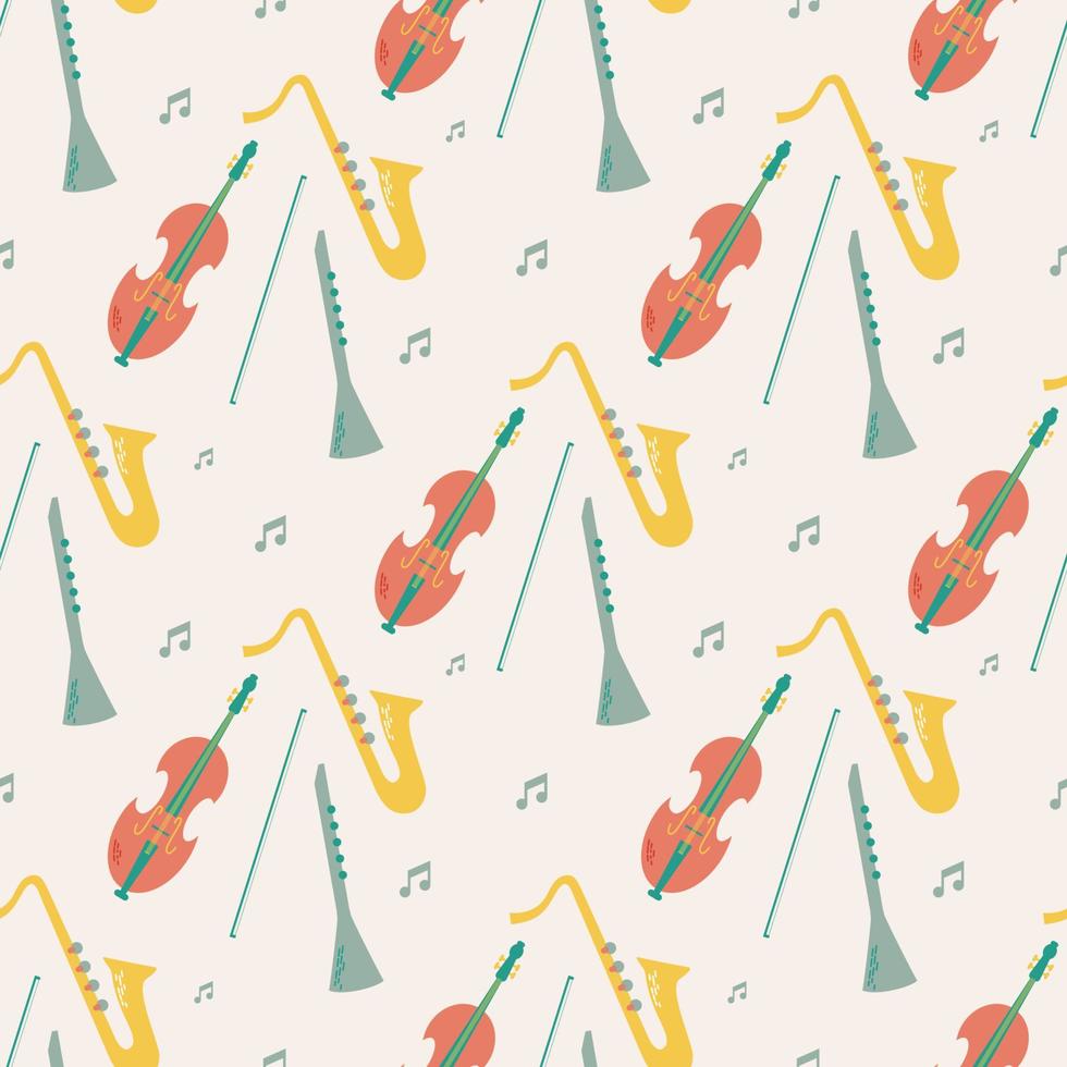 Vector seamless pattern of musical jazz instruments with notes. Isolated on beige background orchectra - violin, saxophone, clarinet.