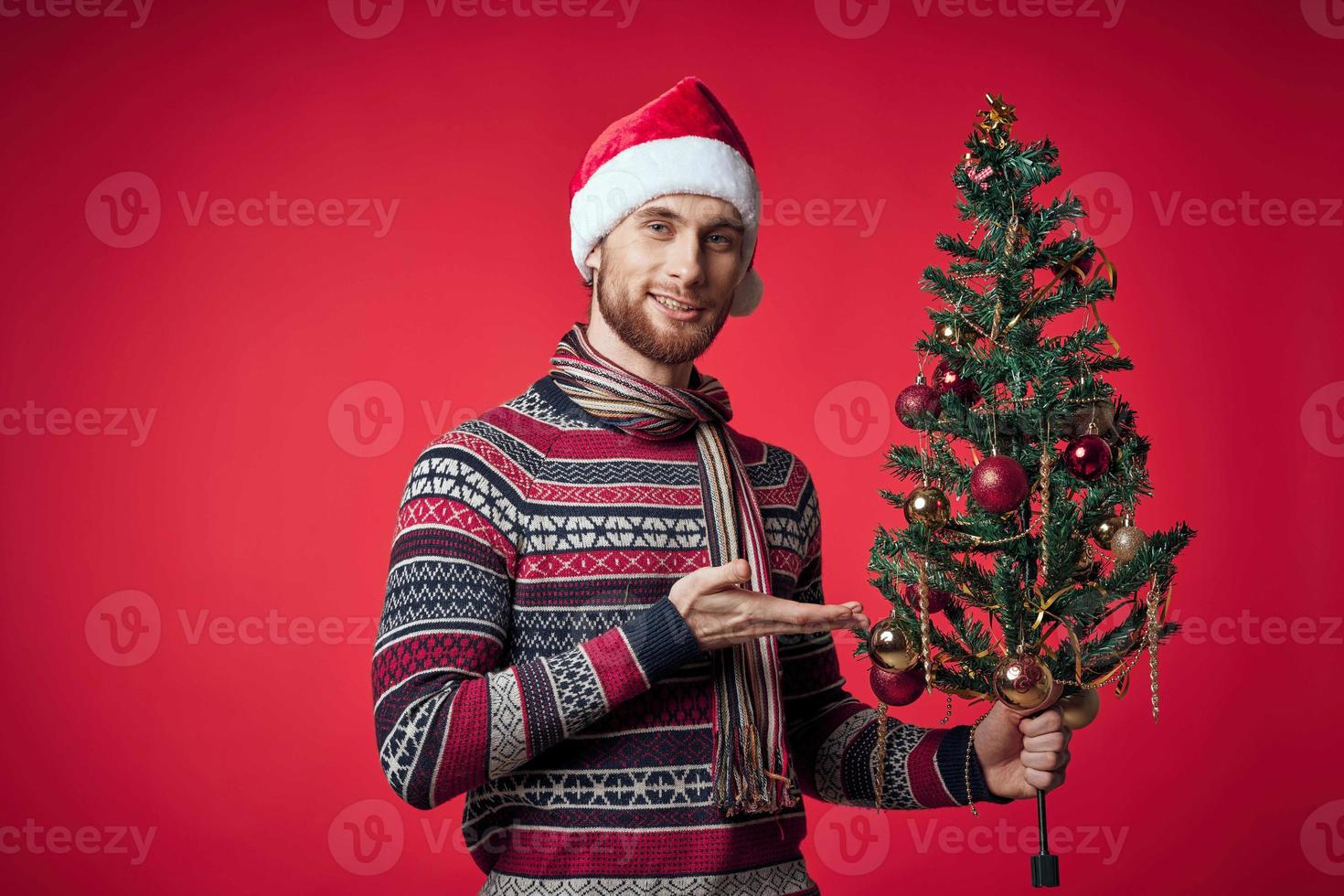 Cheerful man in a santa hat Christmas decorations holiday New Year studio posing photo