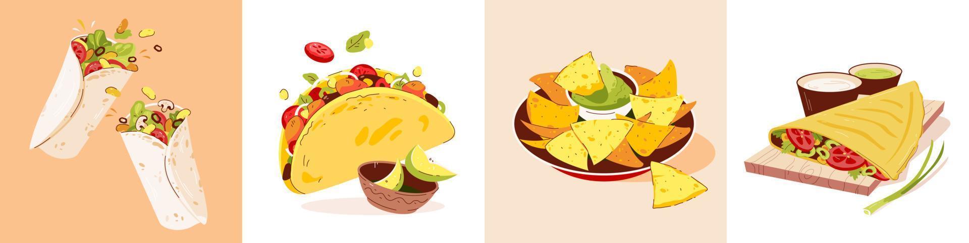 mexicano comida colocar. mexicano cocina con varios platos. vector plano ilustración