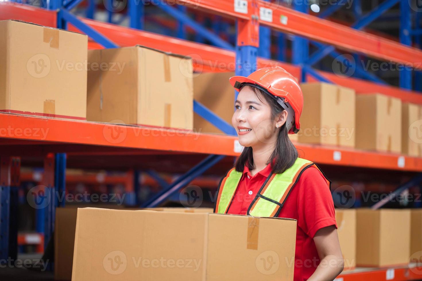 Female worker in hardhat holding cardboard box walking through in retail warehouse, Warehouse worker working in factory warehouse photo