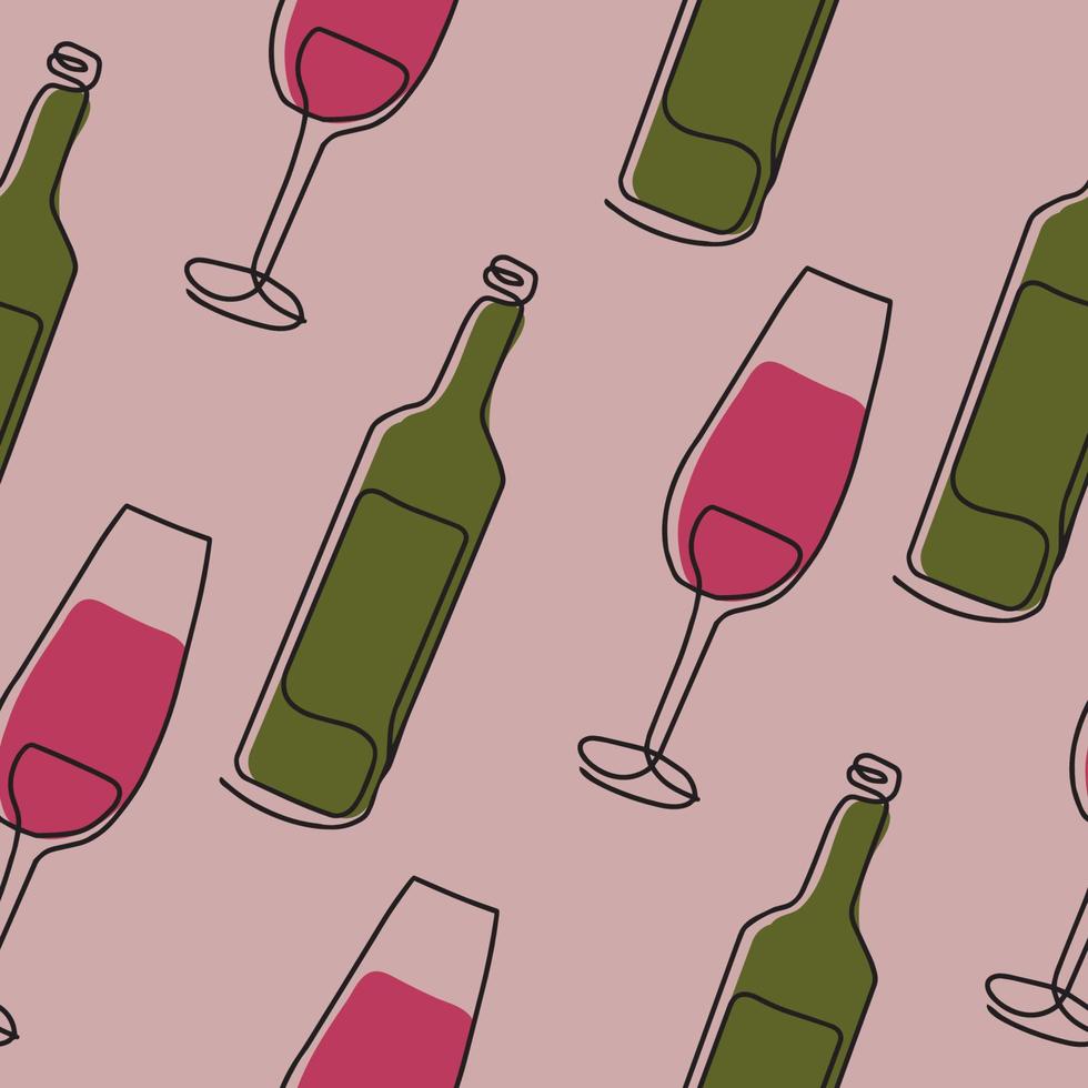 Seamless pattern. Vector illustration of a wine bottle and a glass. Drawing in one line