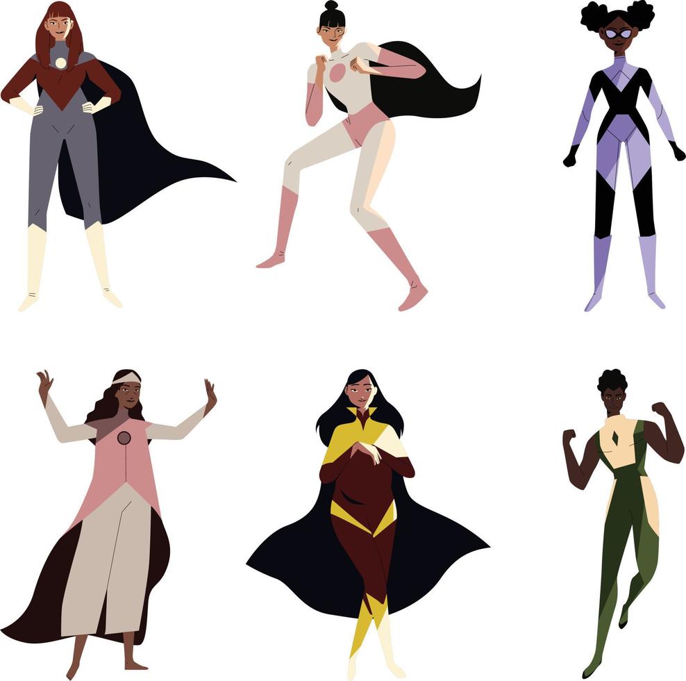 superhéroes colocar. dibujos animados caracteres de superhéroes en diferente posa vector ilustración