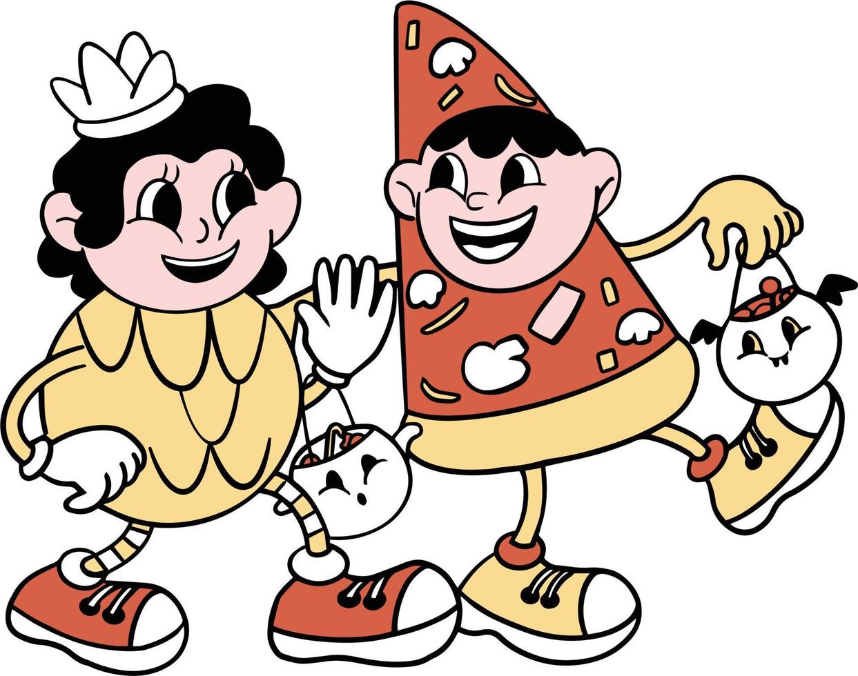 cute cartoon kids eating pizza, vector illustration. Sticker