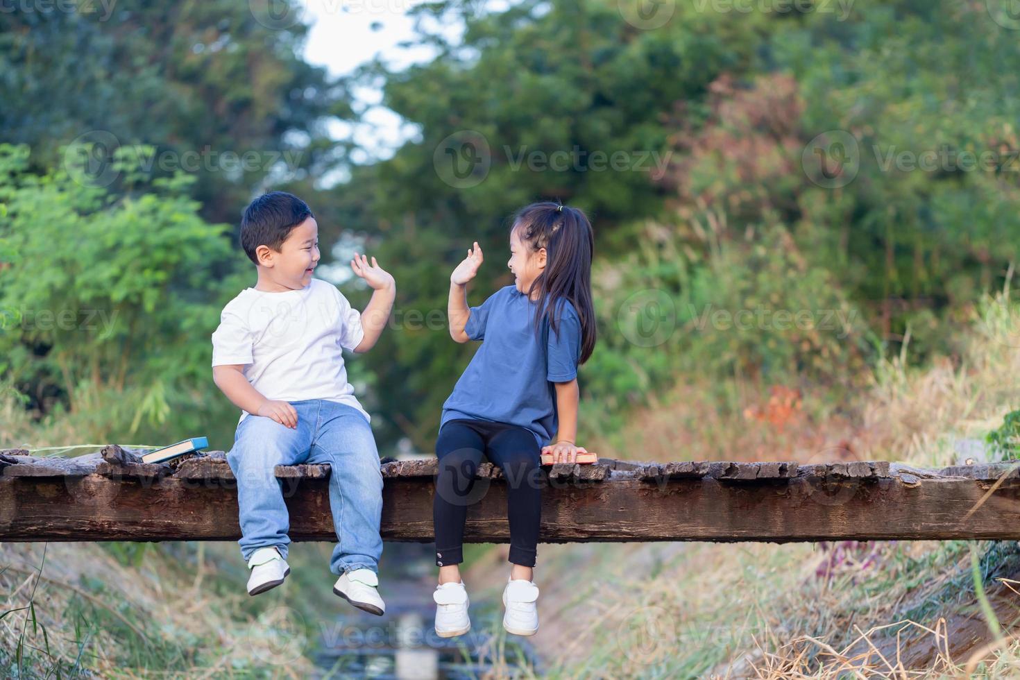 Cheerful children sitting on wooden bridge, Asian kids playing in garden, boy and girl reading books photo