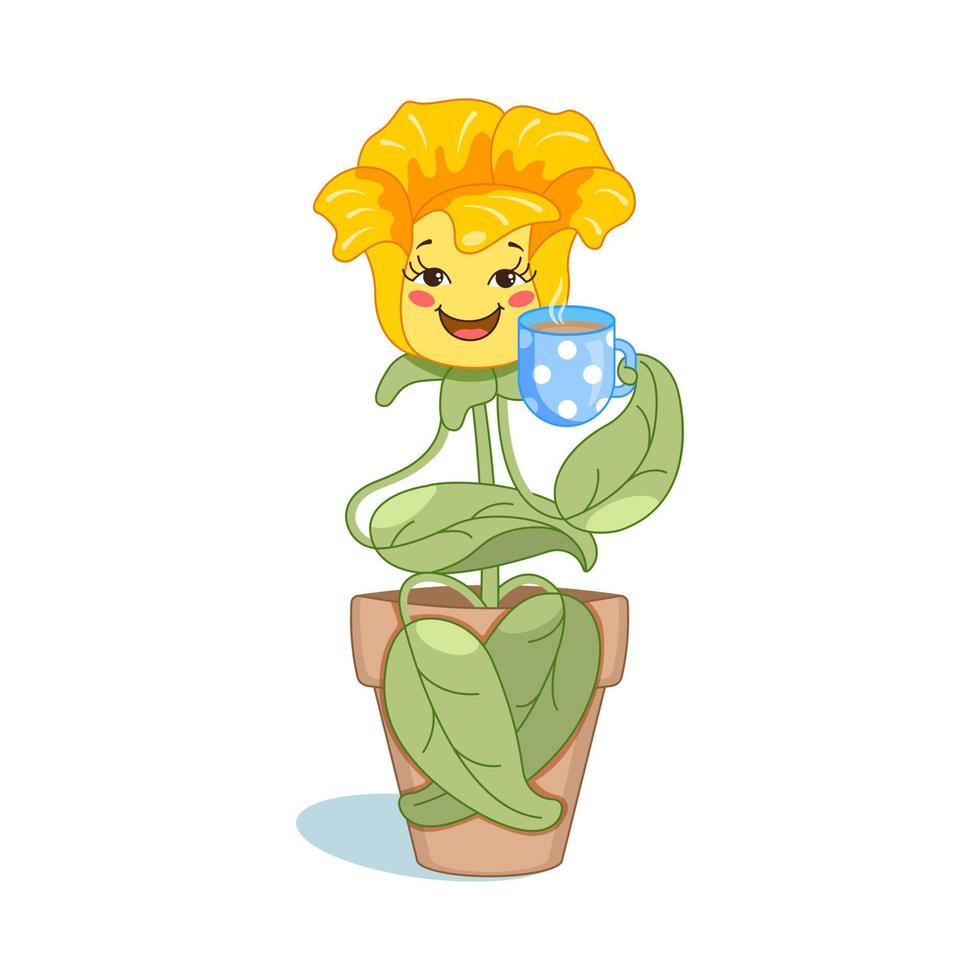 cute flower in a pot with a cup of coffee, good morning vector