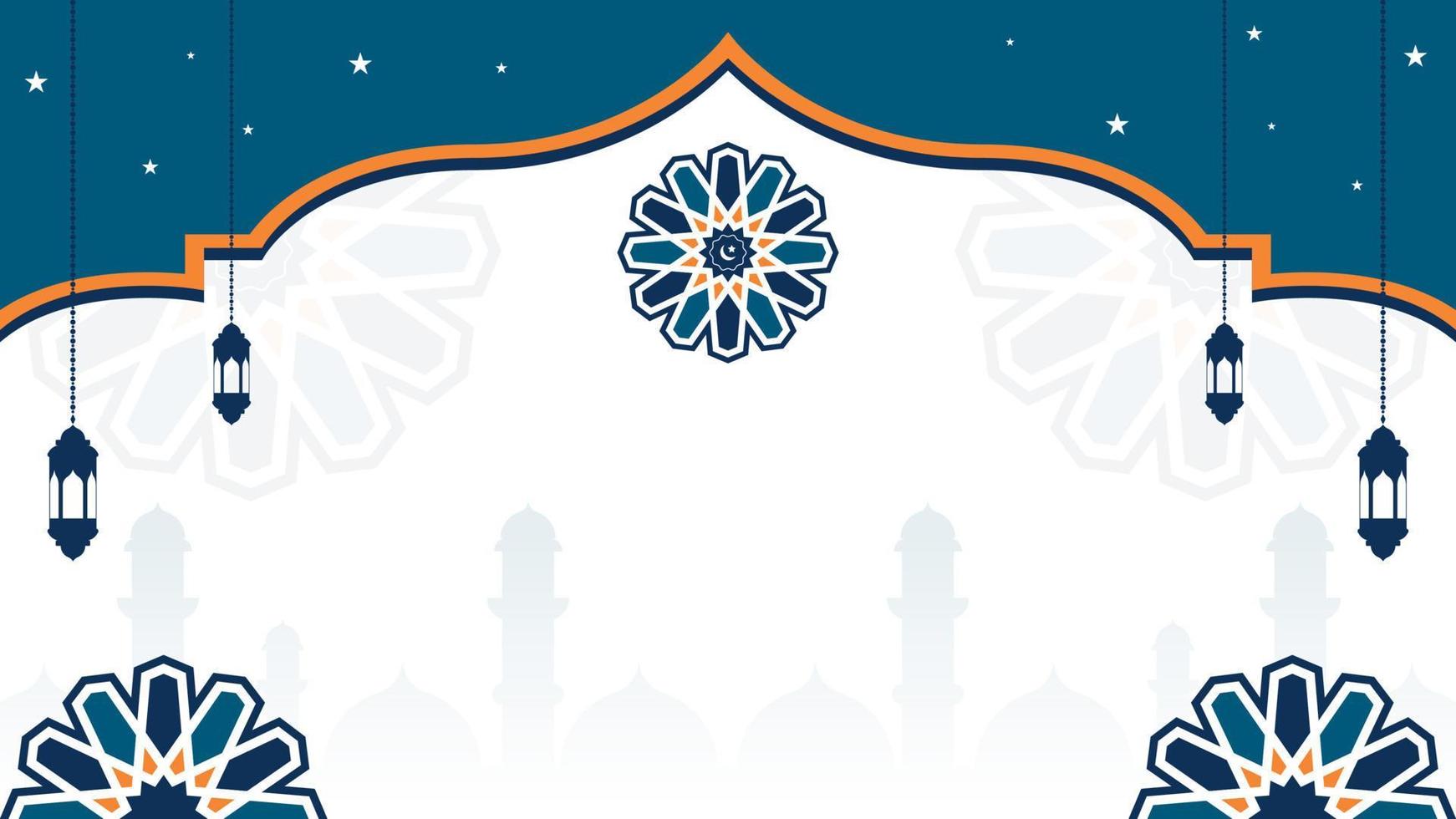 flat islamic background in blue and orange color with lantern, mandala and space for text vector