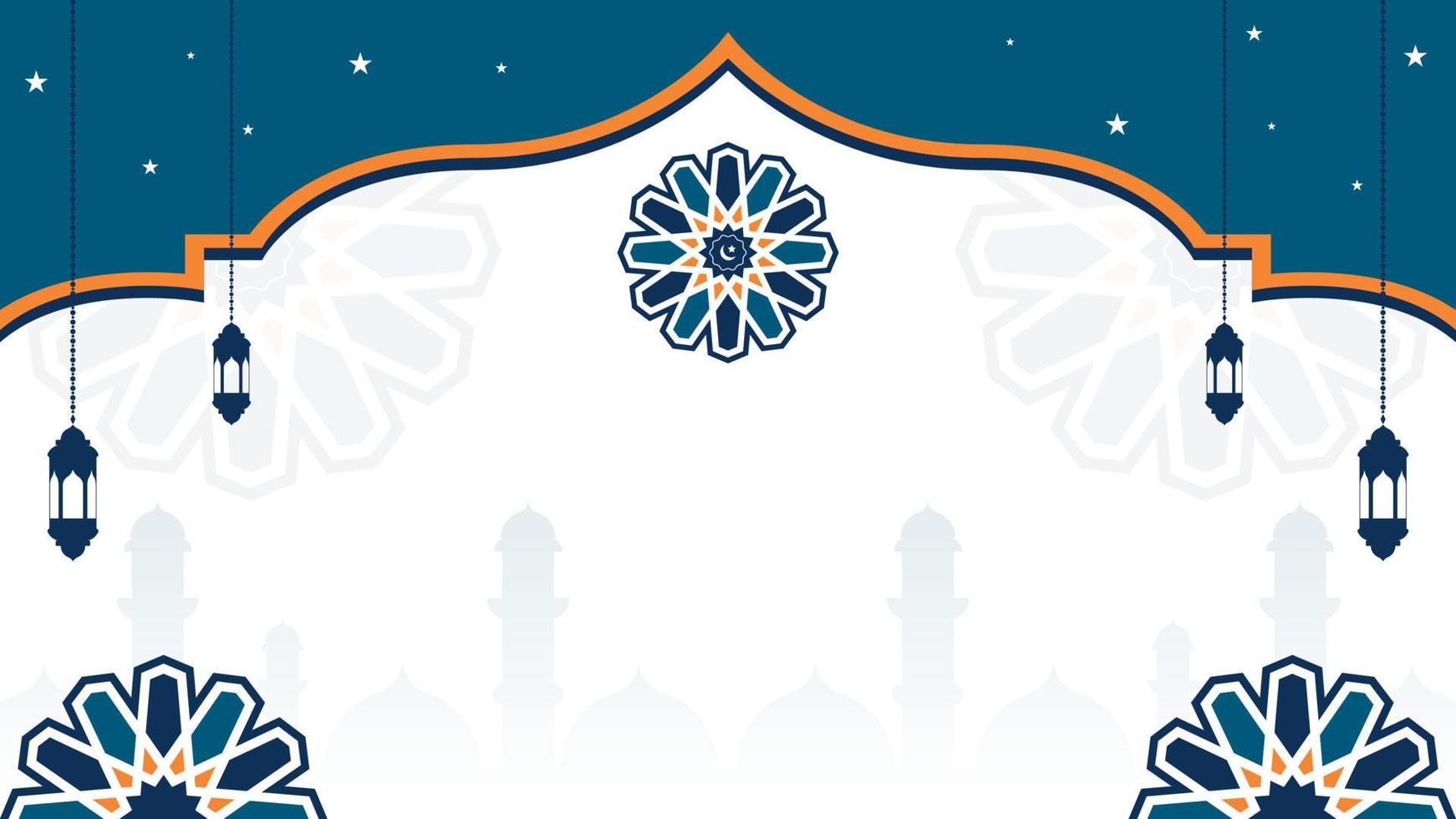 flat islamic background in blue and orange color with lantern ...