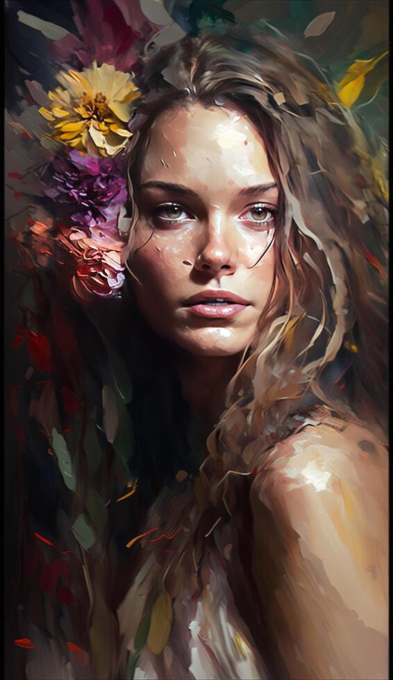 pretty girl in flower style oil strokes painting photo