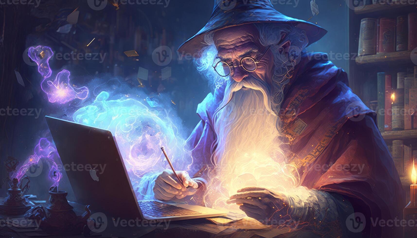 digital wizard operating laptop beautiful painting image photo