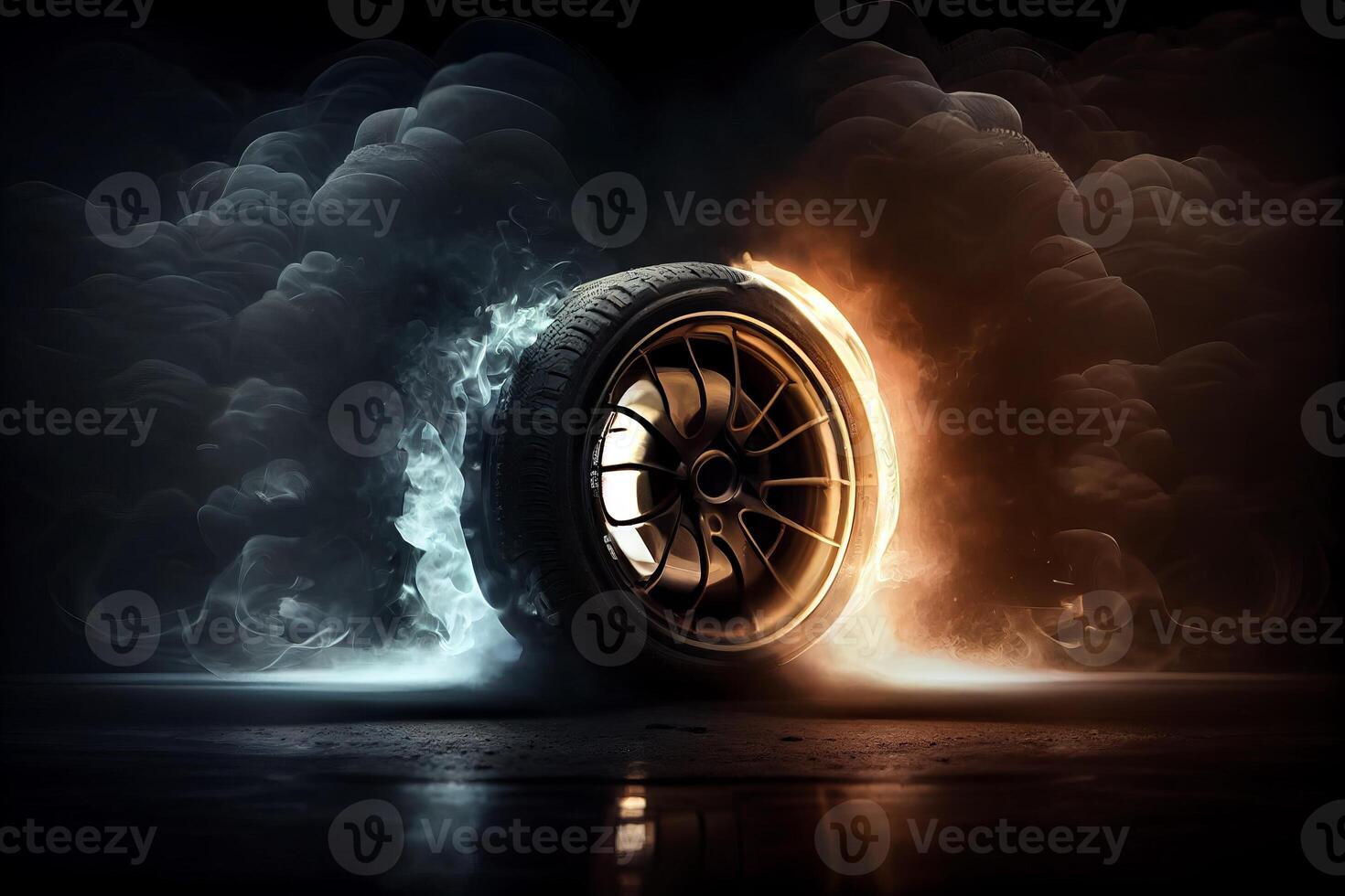 a car wheel with a lot of smoke coming out of its side photo