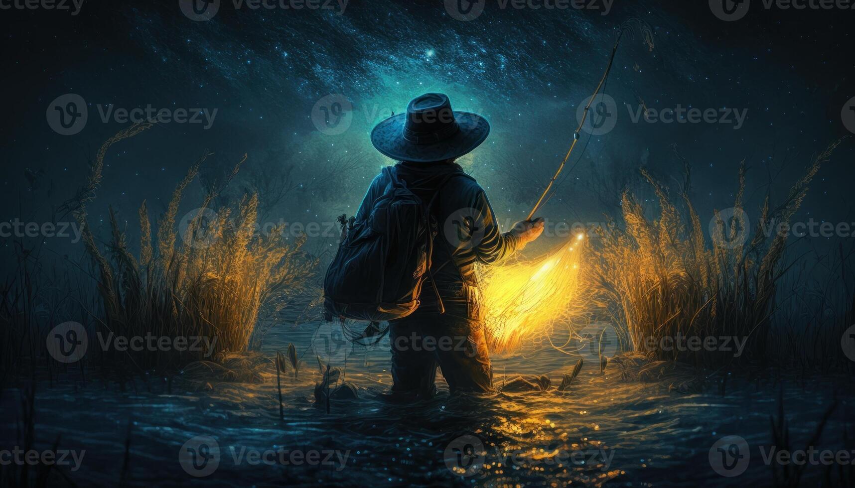 fisherman wheat hat fishing glowing water mysterious image photo