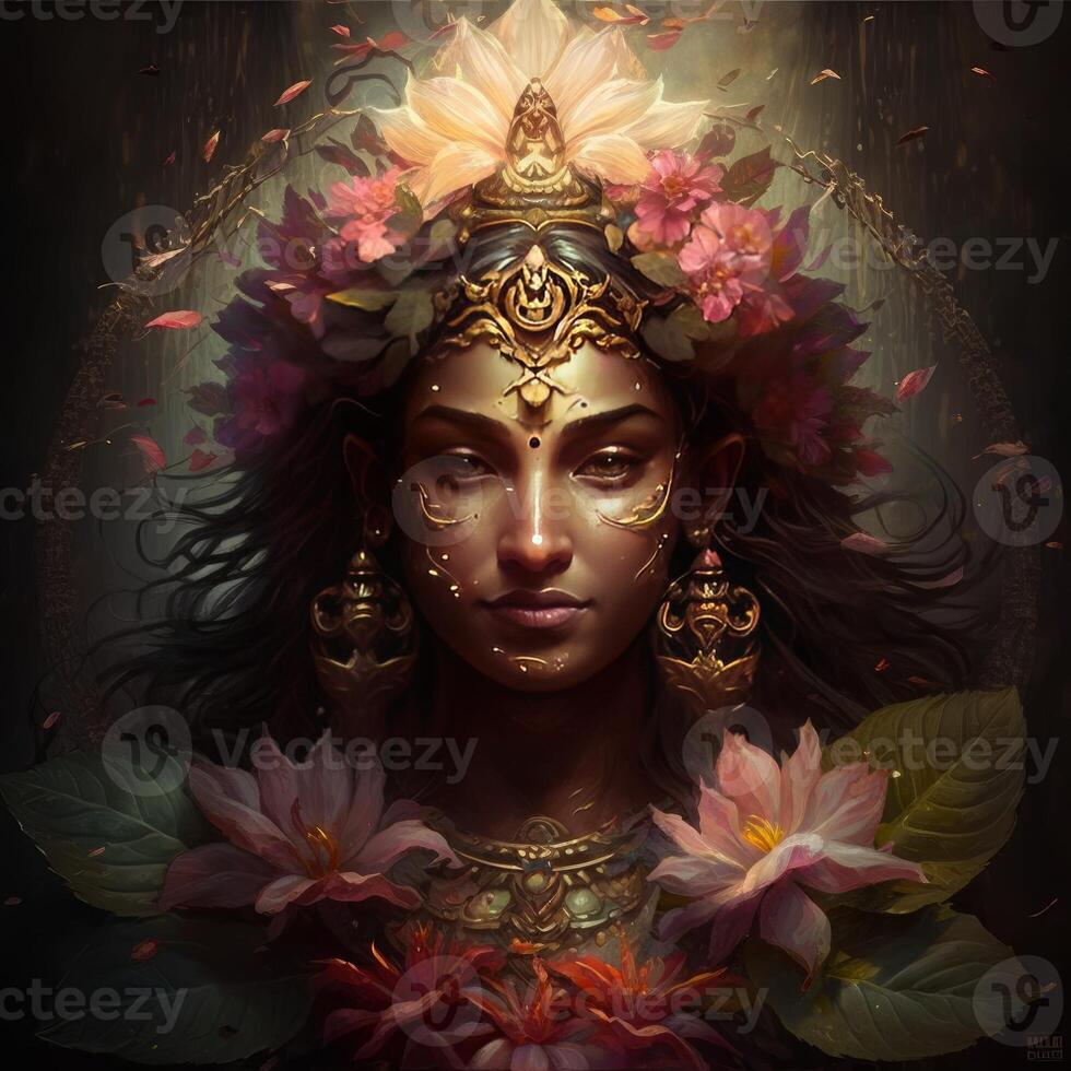 hindu indian beautiful goddess lakshmi head morphing into flower ...