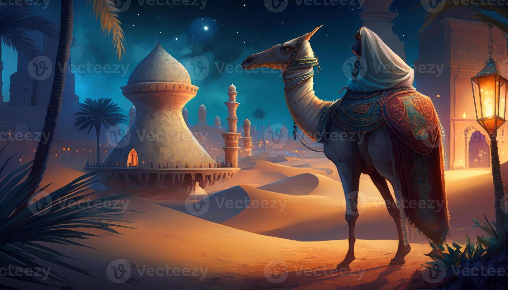 image of arabian nights with camel and lights photo