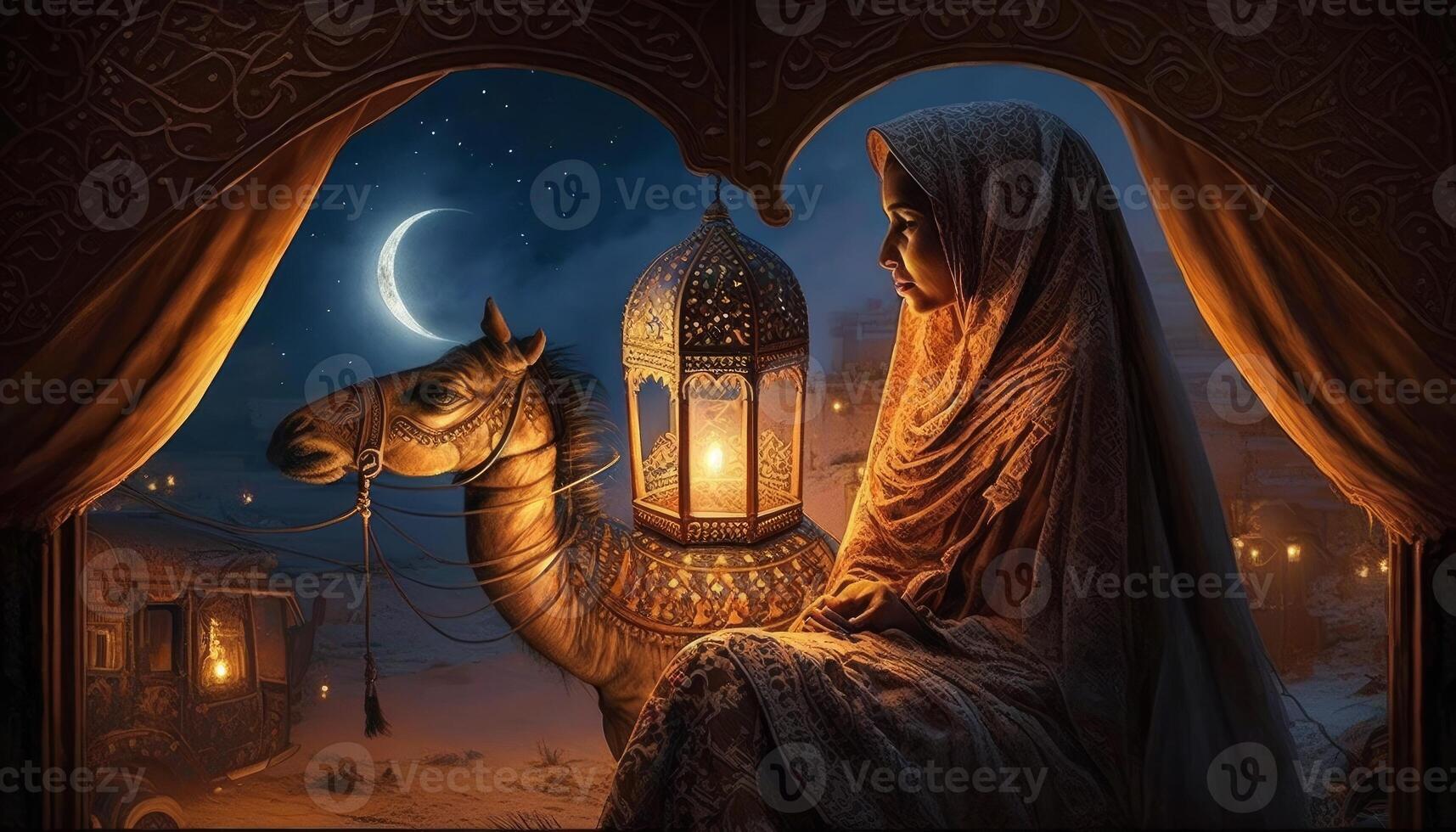 image of arabian nights with quarter of moon and lights photo