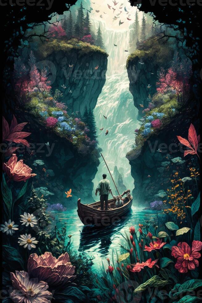 A man standing in a boat in front of waterfall photo