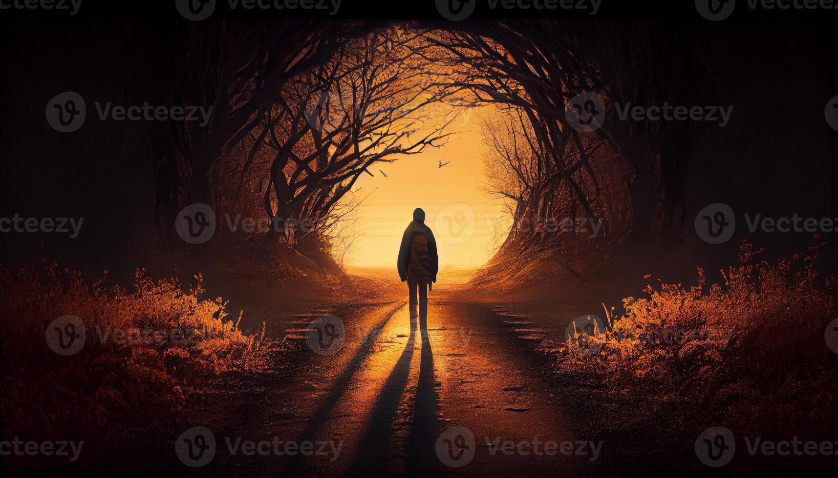 Image of a person walking on a path alone looking at forest photo