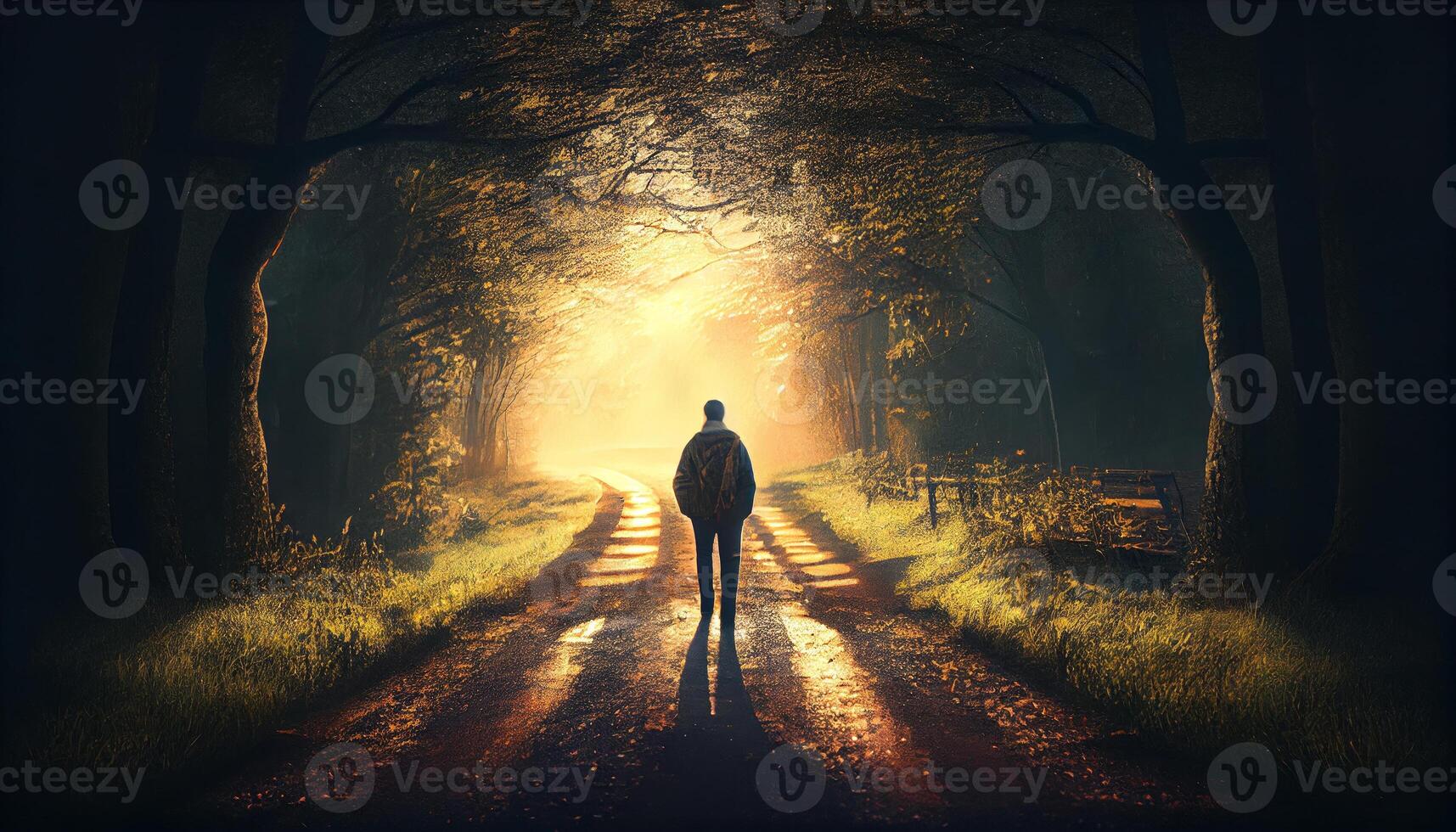 A person walking on a path alone looking at forest photo