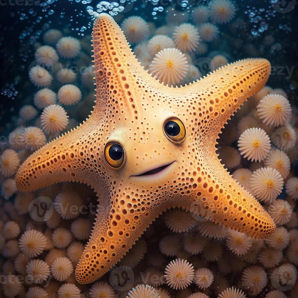 a beautiful starfish light orange color dreamy eye in sea photo