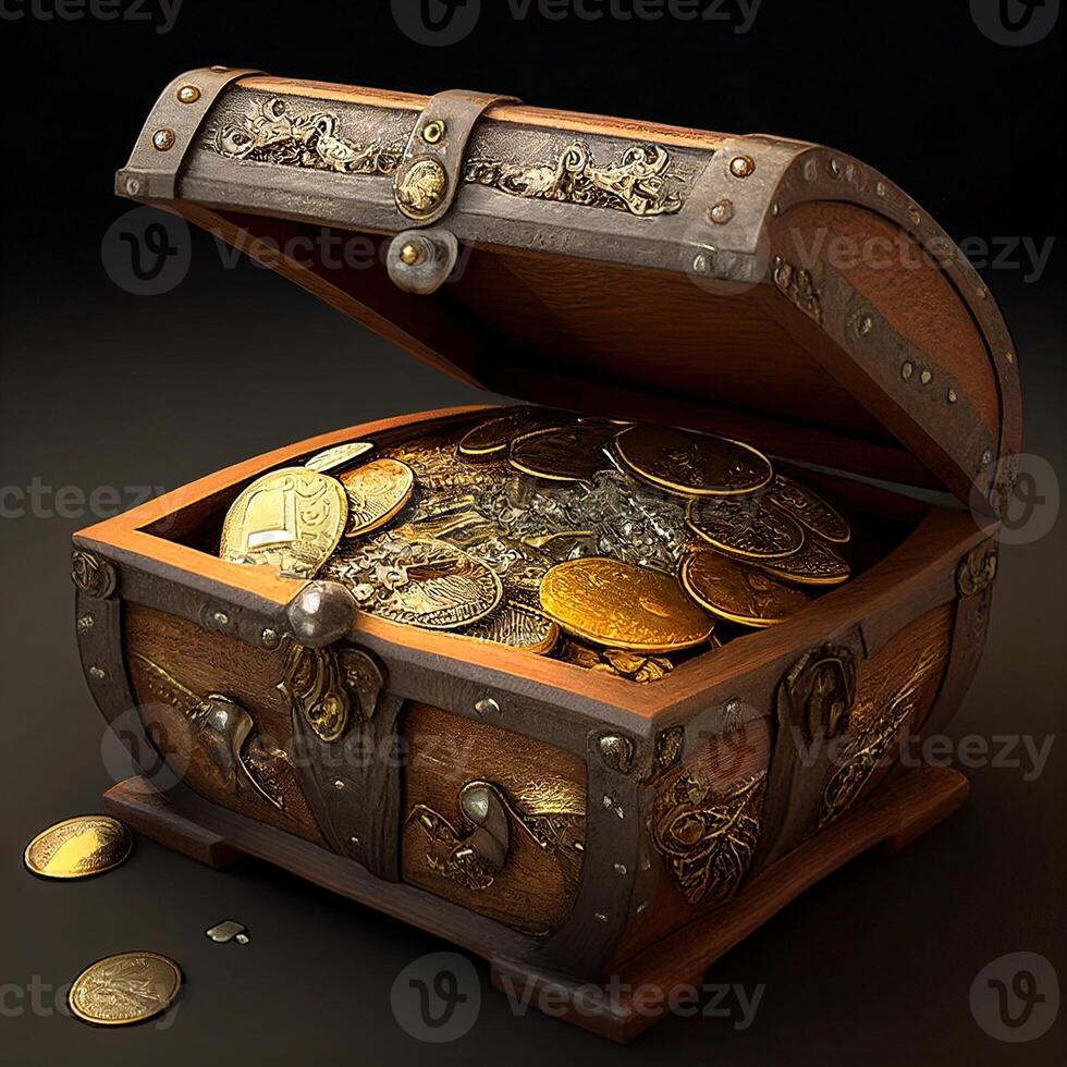 treasure box full of gold in black background photo