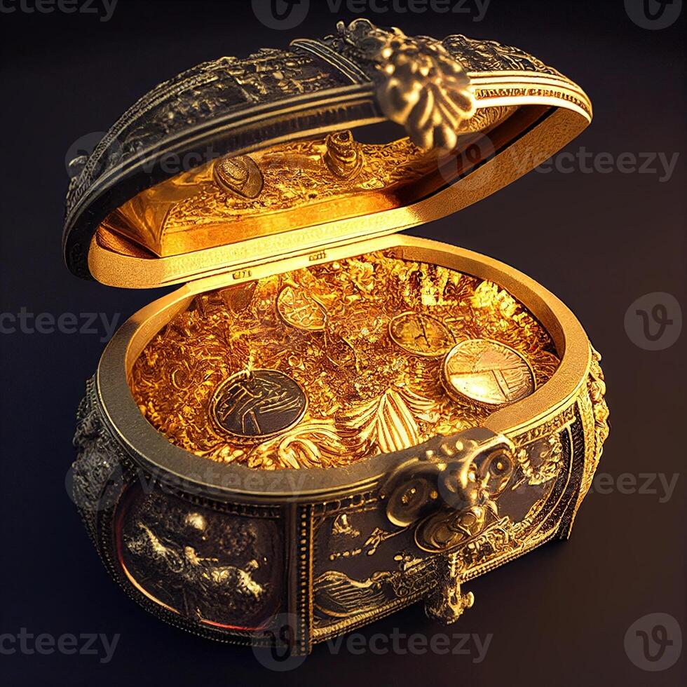 treasure box full of gold in black background photo