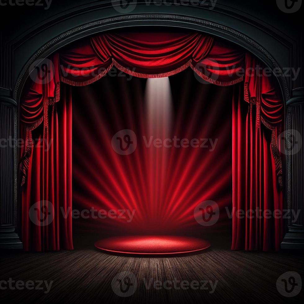 escenario de teatro oscuro con cortinas rojas y foco foto