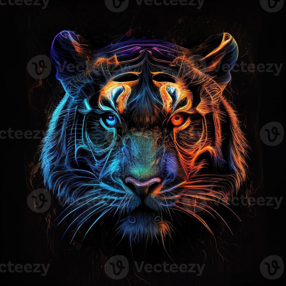 tiger face neon image on black background photo