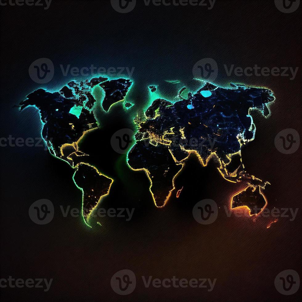 earth map neon light image on black background photo