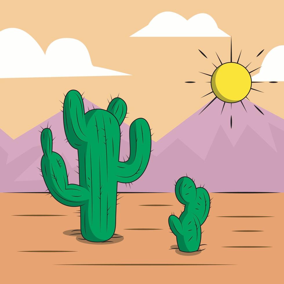 vector background of cactus, sun and mountain in desert