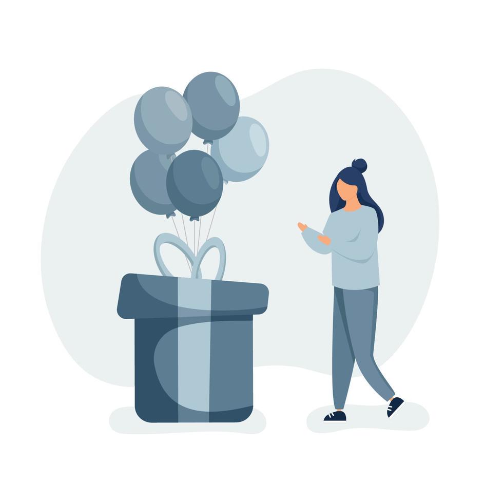 Happy birthday party concept. Young woman standing near gift box with flying balloons. vector
