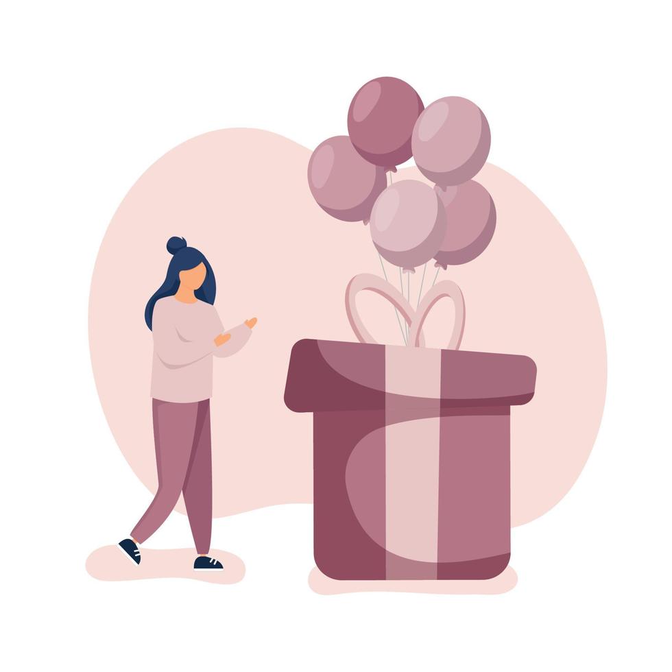 Girl celebrating birthday, standing near huge gift box with balloons. vector