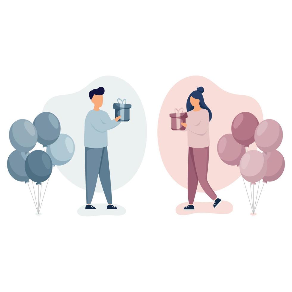 Birthday party concept. Man standing near balloons gives woman blue gift and girl gives boy cute pink gift. vector