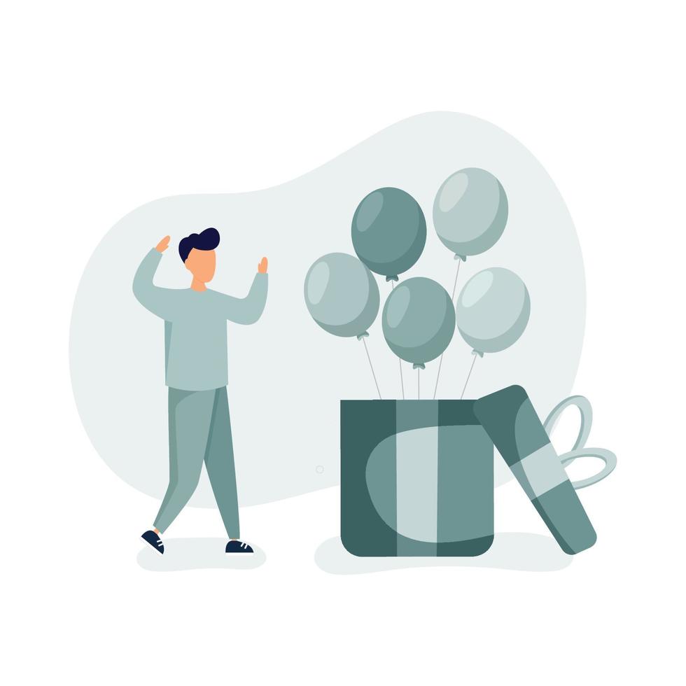 cumpleaños celebracion. hombre saltando cerca abierto grande regalo caja con globos vector