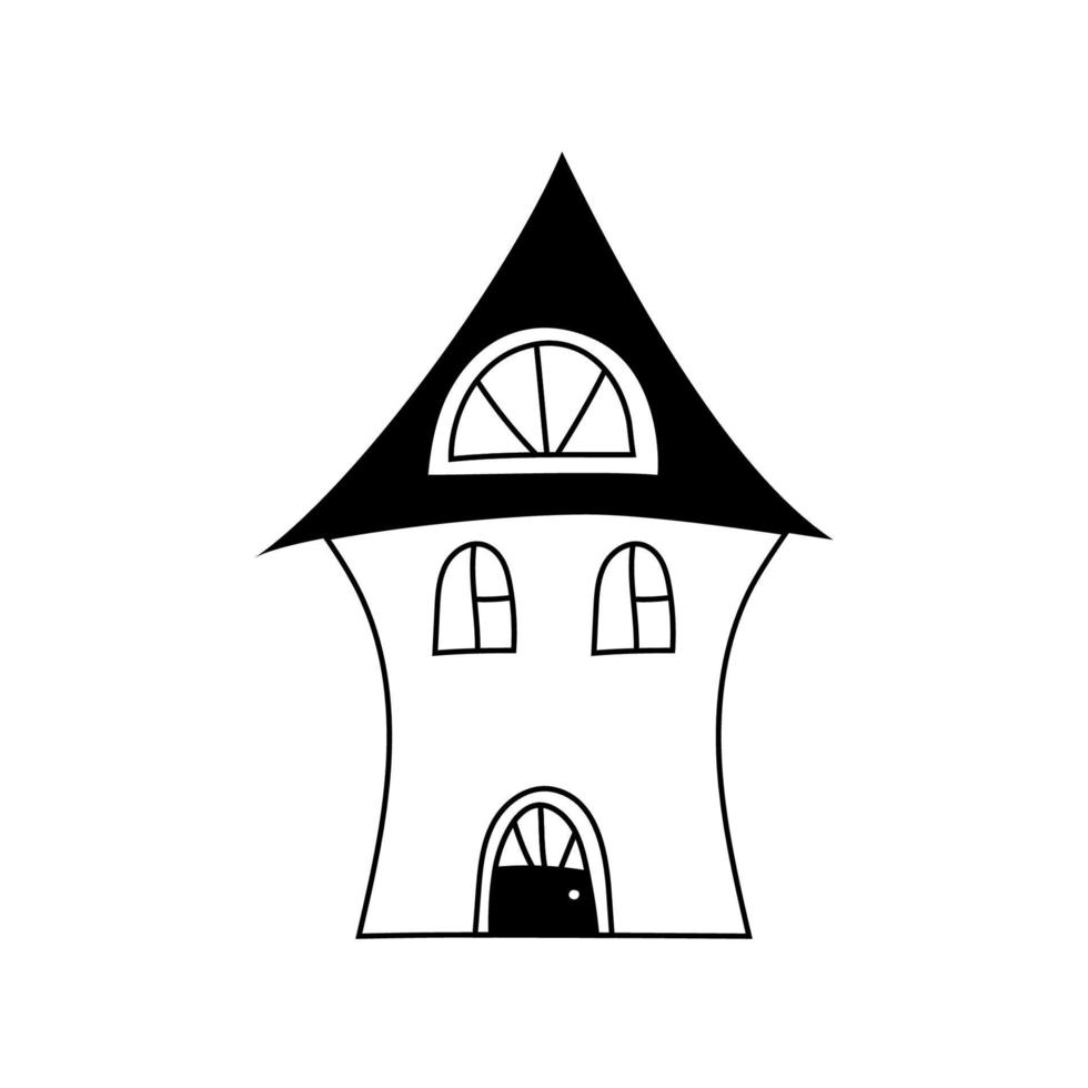 Hand drawn house with black roof in doodle style with windows and door. Vector illustration. Doodle home icon in black and white.