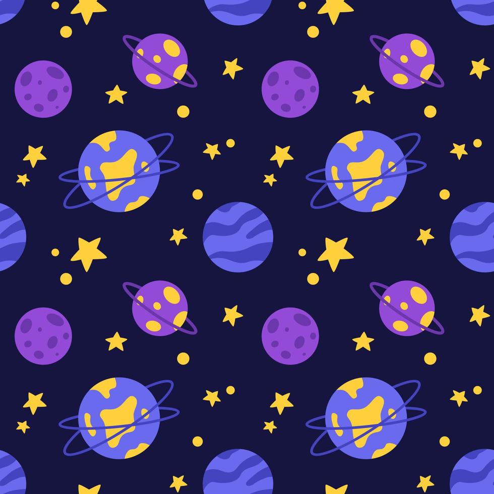 Vector seamless pattern with planets and stars. Space background in blue, yellow and perple colors.