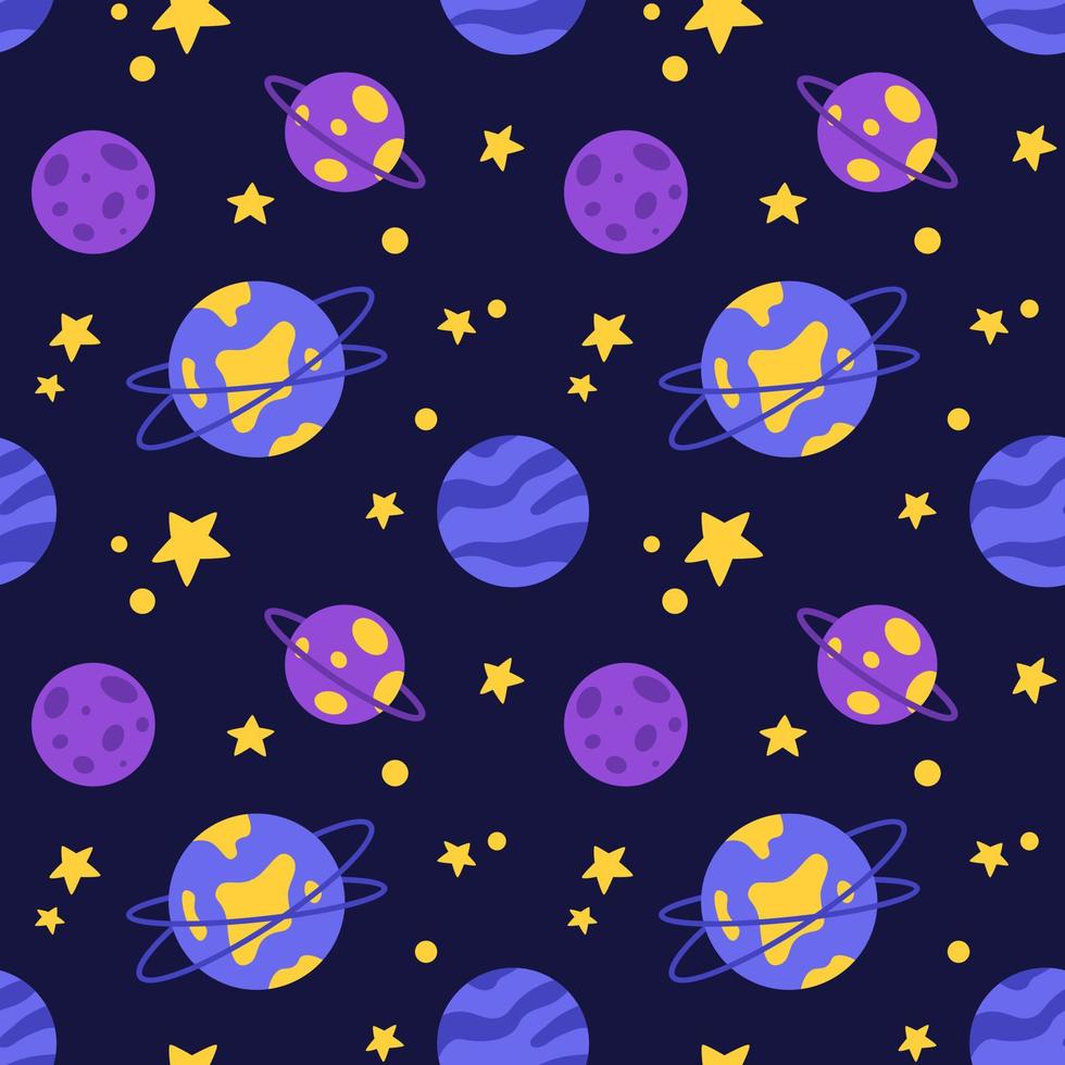 Vector seamless pattern with planets and stars. Space background in blue, yellow and perple colors.