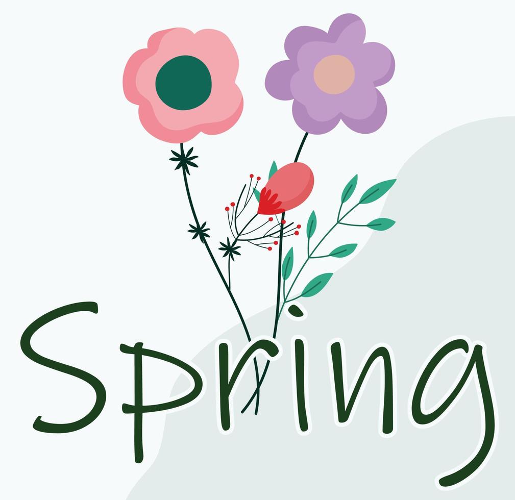 two flowers and the word spring, spring season card, purple flower and orange flower with green leaves, spring flowers minimalist style, suitable for shop and social media, flower illustration vector