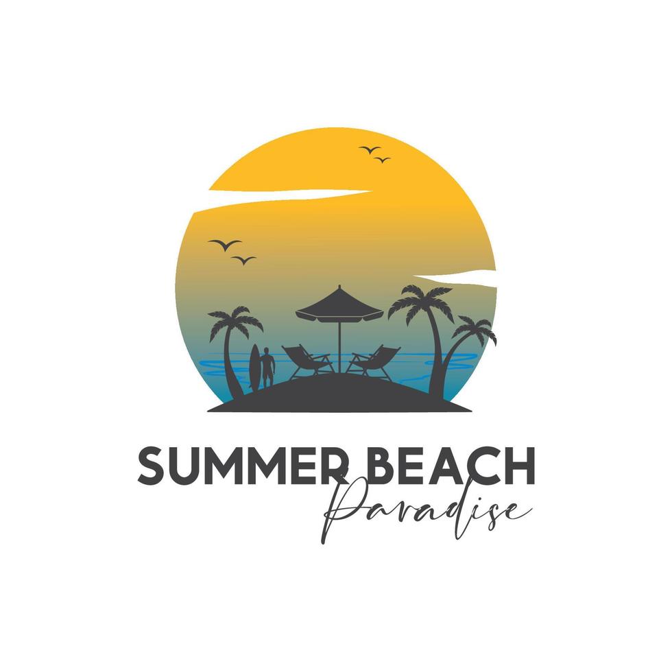 Summer Beach silhouette logo with sun chair umbrella and palm vector ...