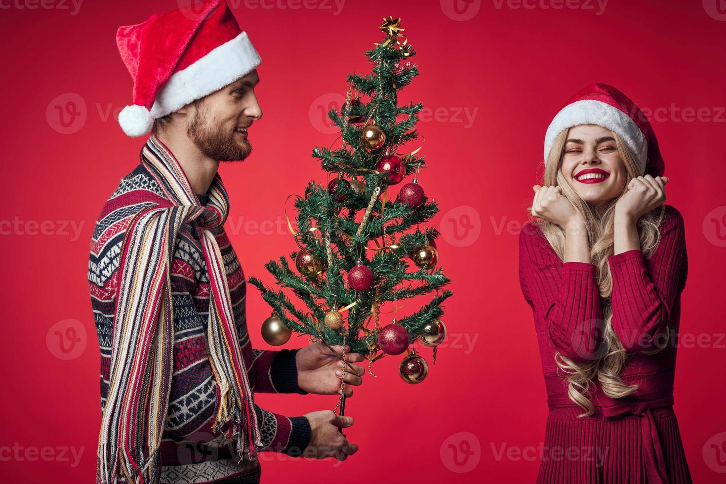woman next to man family portrait christmas tree decoration holiday photo