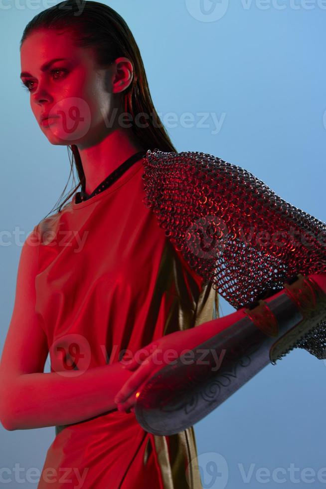 beautiful woman red light silver armor chain mail fashion Lifestyle unaltered photo