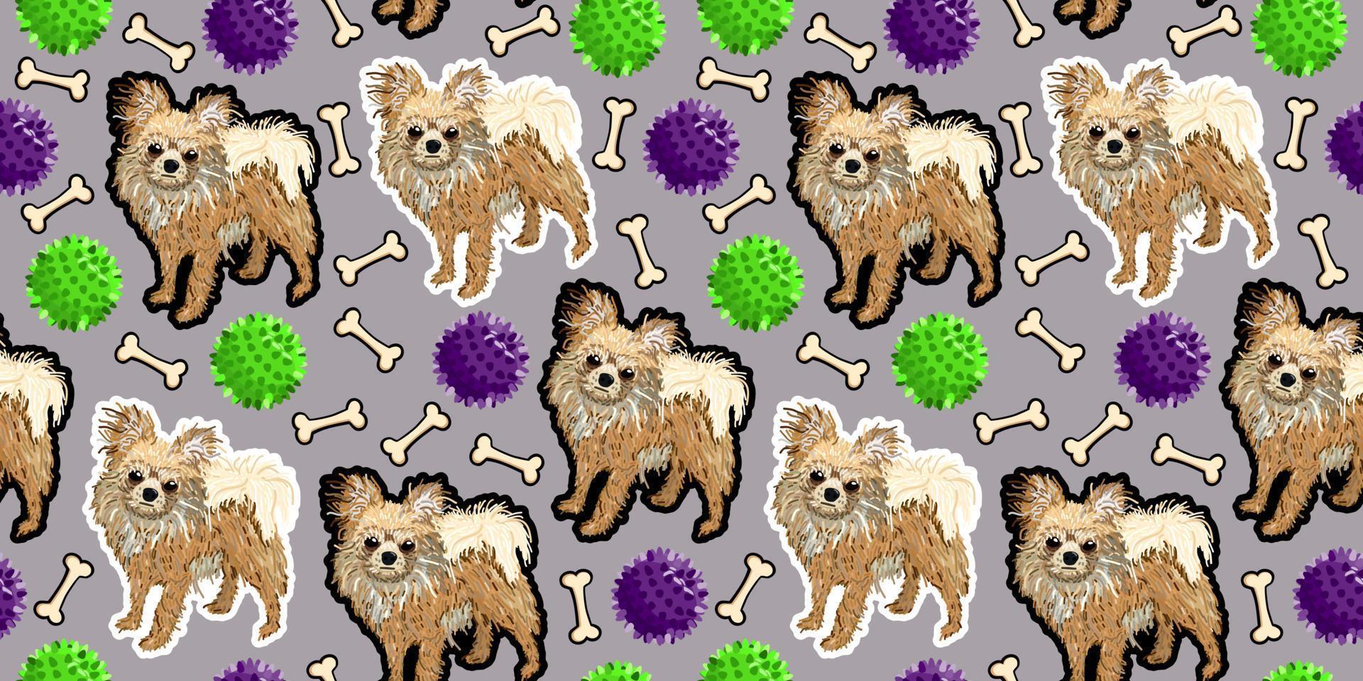 Vector seamless pattern with chihuahua, toys and bones.