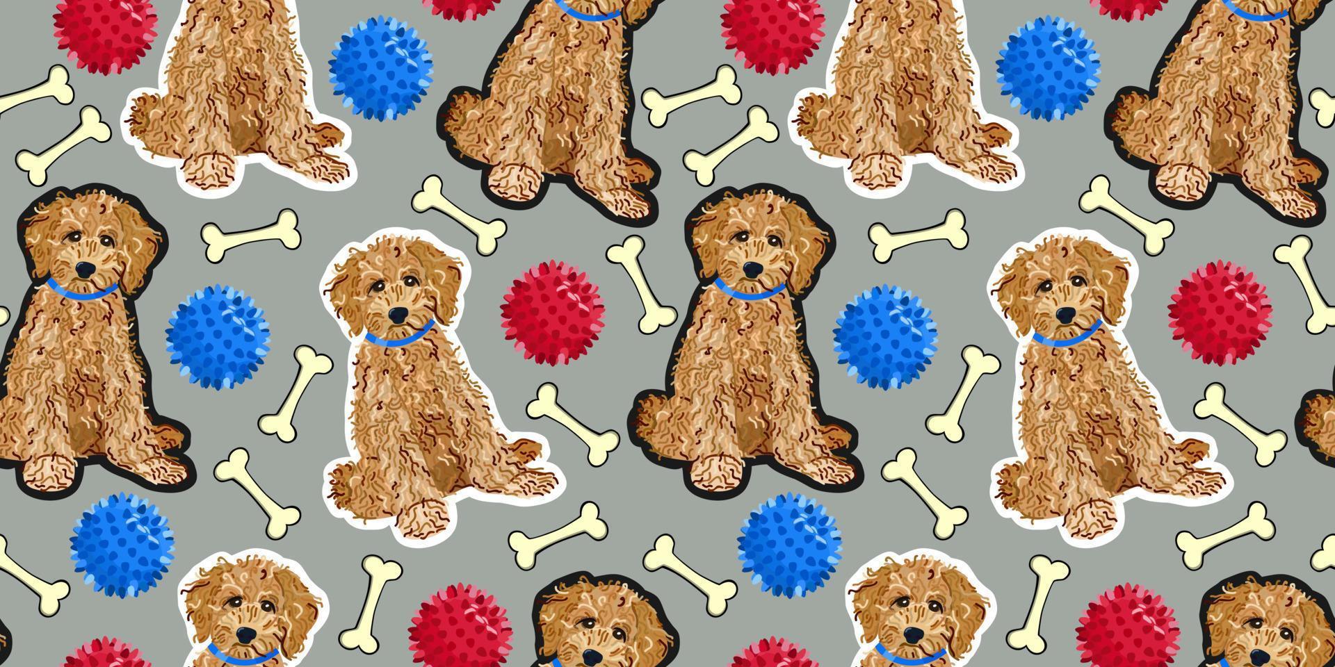 Vector seamless pattern with labradoodles, toys and bones.