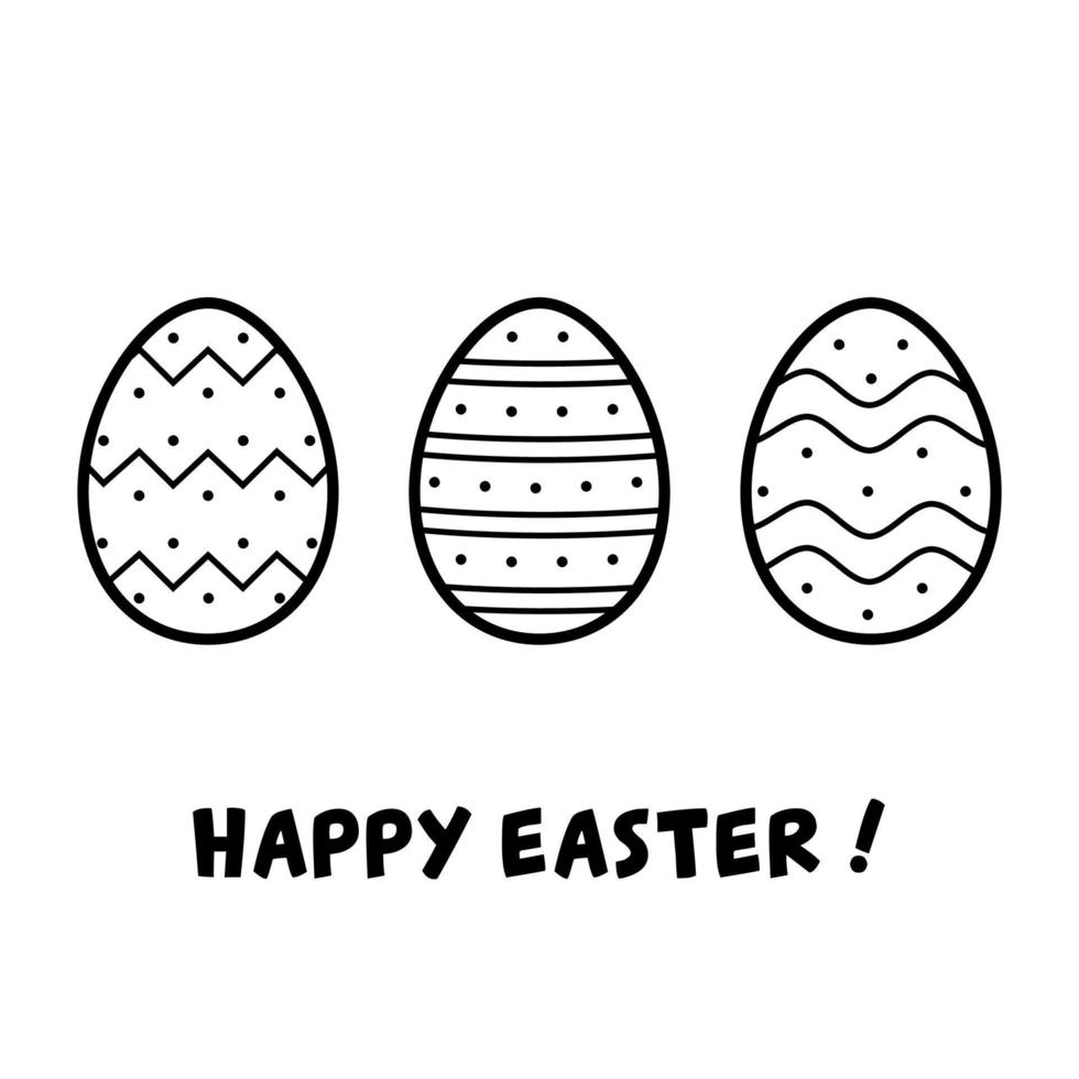 Happy Easter. Greeting card with three decorated eggs. Vector illustration in doodle line style.