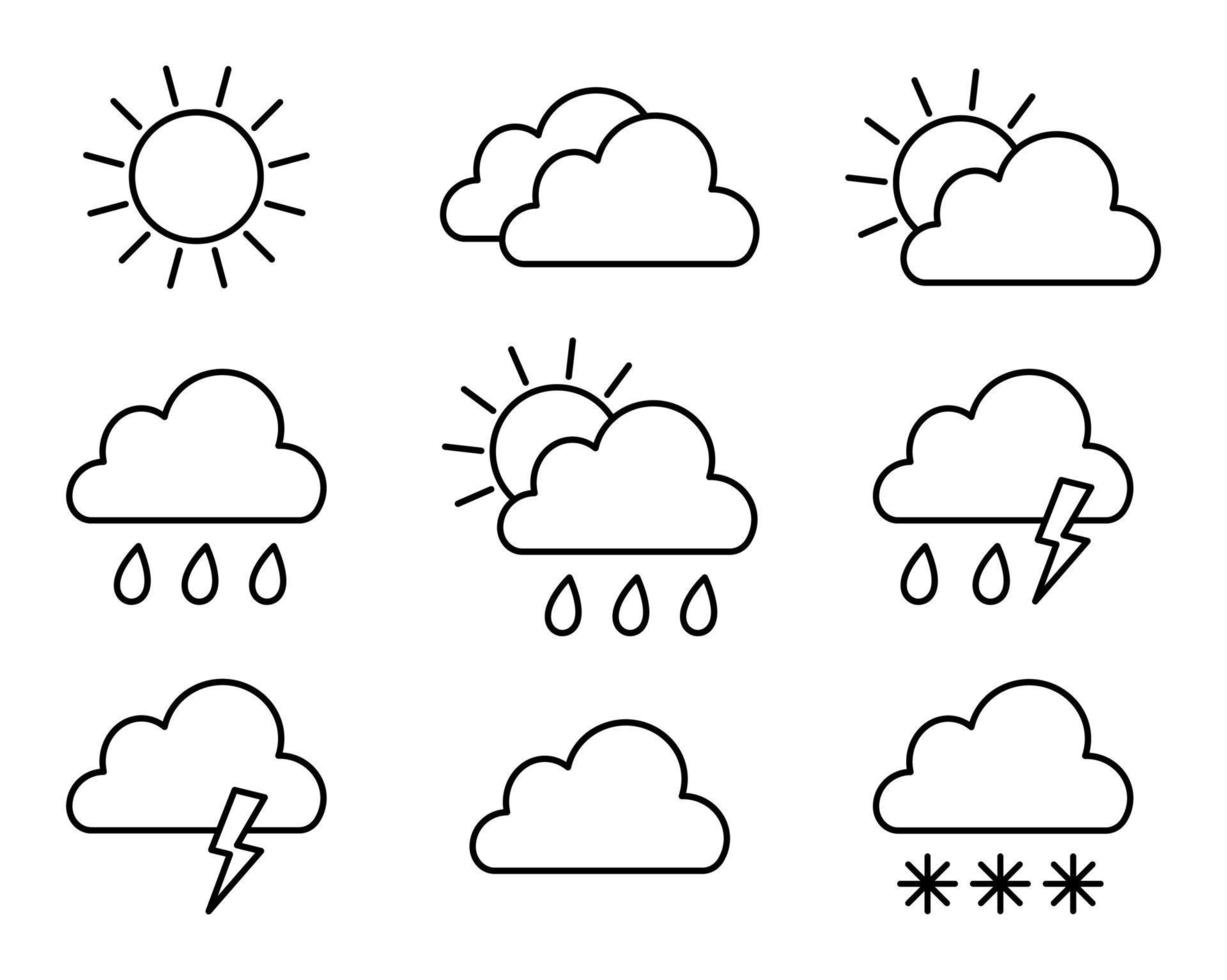 Set of weather icons. Line style. Sun, clouds, rain, snow, thunderstorm. Isolated vector illustration.