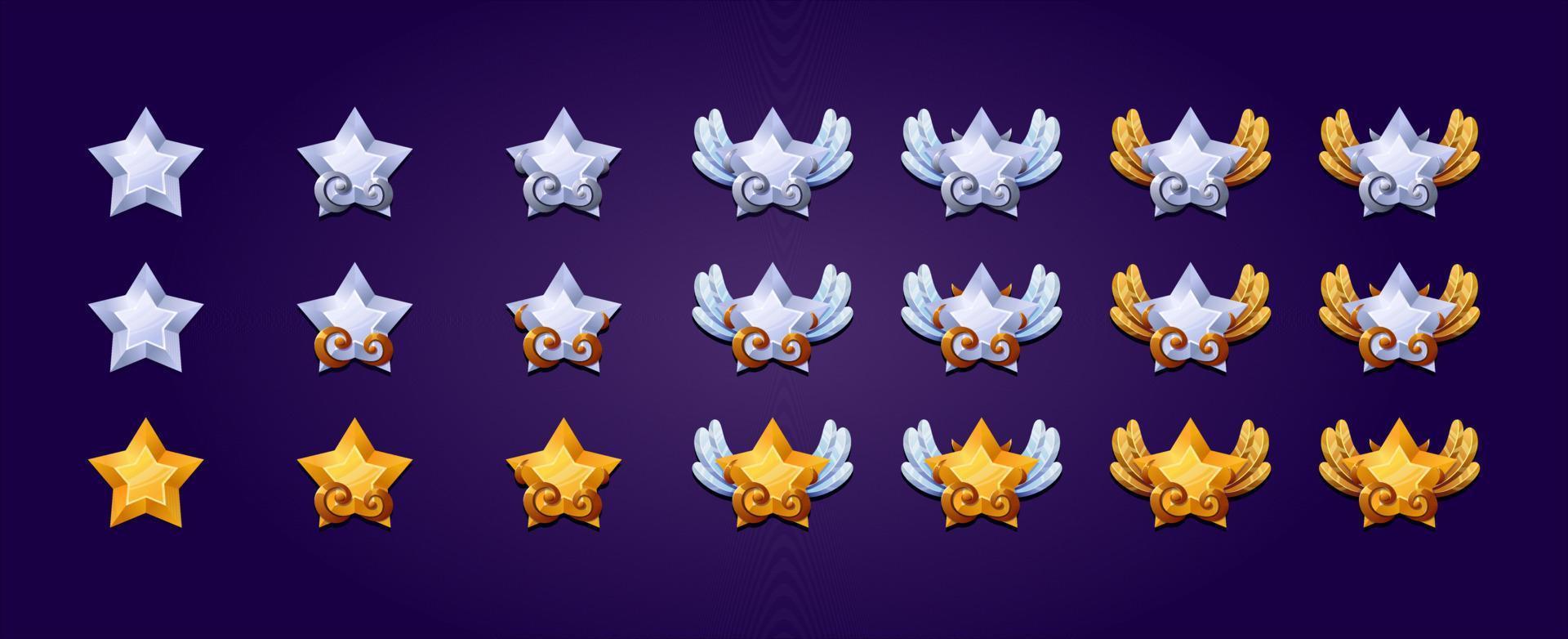 Metallic stars badges with wings collection. High quality illustrations. Perfect for games. vector